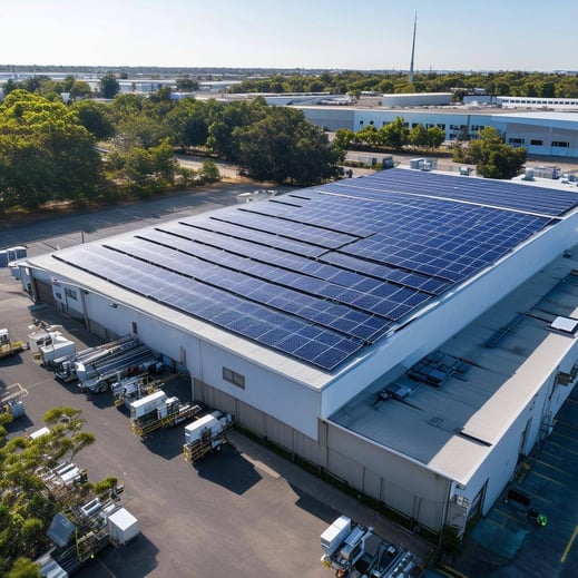 An image of a warehouse with solar panels on the rooftop, motion sensors controlling lighting, and employees engaging in sustainability initiatives