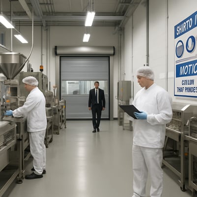 The image depicts a modern food processing facility bustling with activity Bright welllit spaces showcase an array of hightech equipment including stainlesssteel machinery and highspeed selfrepairing doors that seamlessly glide open and shut ensuring