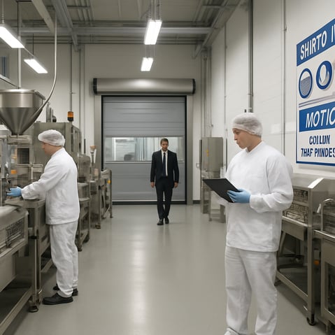 The image depicts a modern food processing facility bustling with activity Bright welllit spaces showcase an array of hightech equipment including stainlesssteel machinery and highspeed selfrepairing doors that seamlessly glide open and shut ensuring