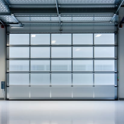 glass sectional door in a car showroom from the inside showing the bulky overhead beams